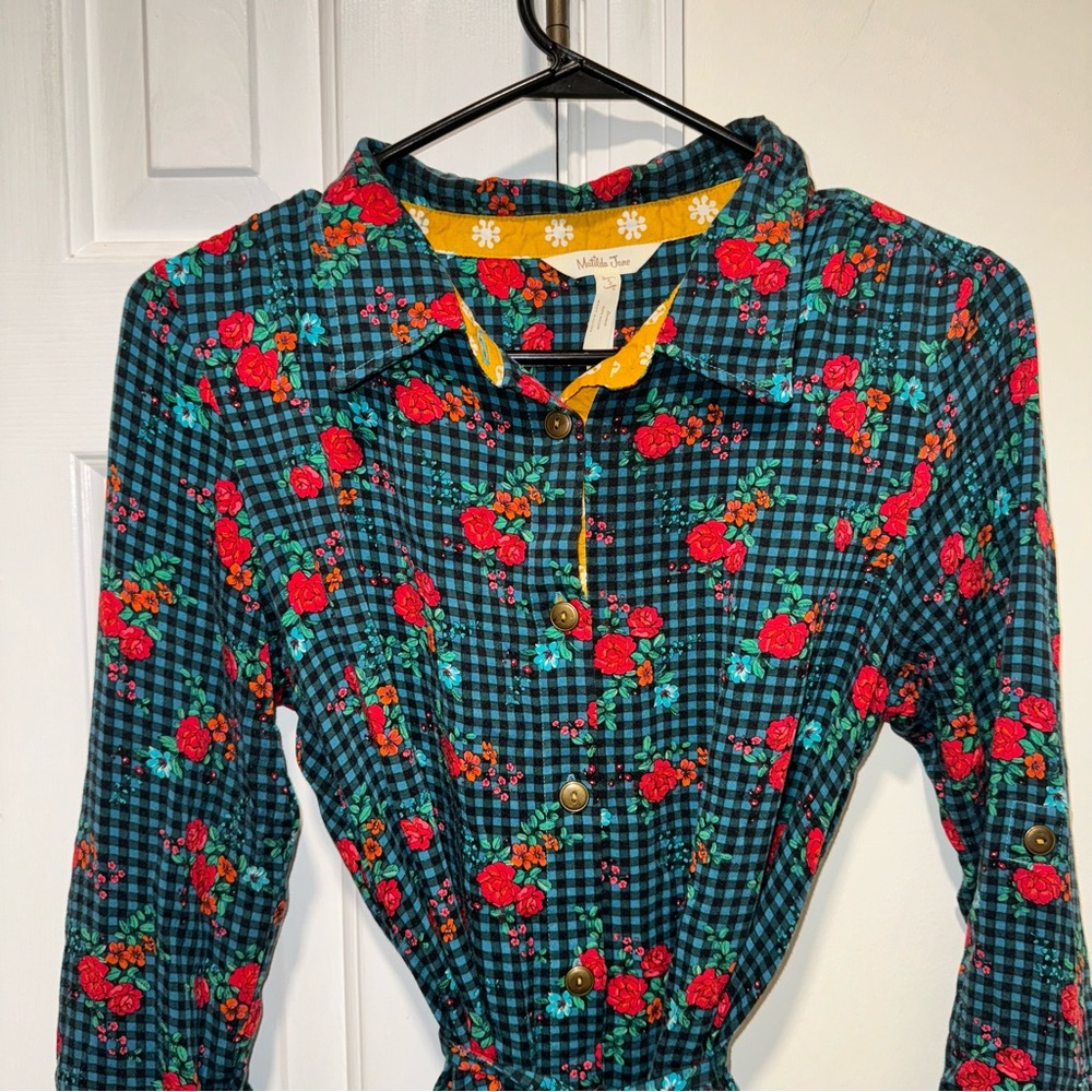 Matilda Jane checkered floral fa la la long sleeve shirt dress green red S - Picture 6 of 16